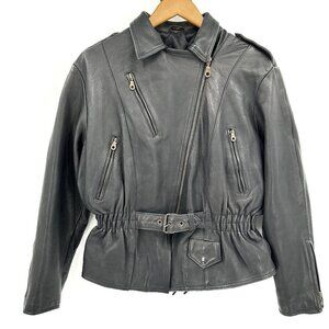 Echtes Leder Women Black Belted Lattice Back Bomber Medium Leather Bomber Jacket
